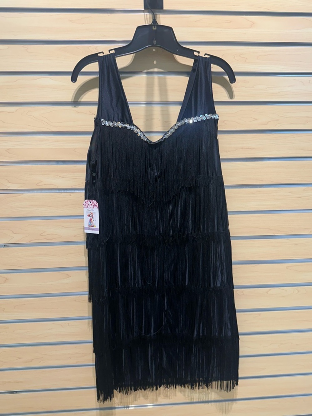 Black Fringe Mini Dress with Sequin Trim